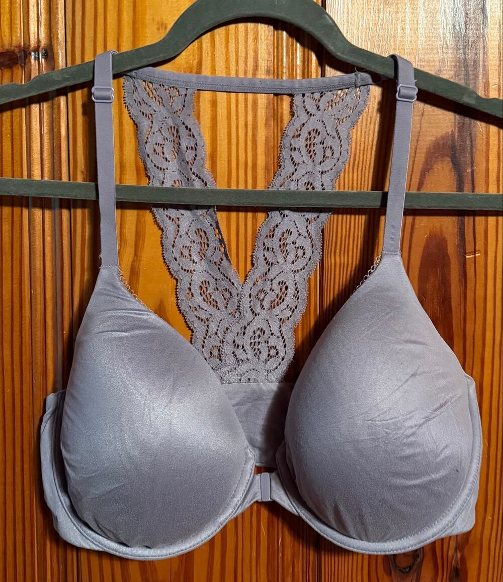 Victoria’s Secret  lined perfect coverage bra front clasp racerback  gray 34dd